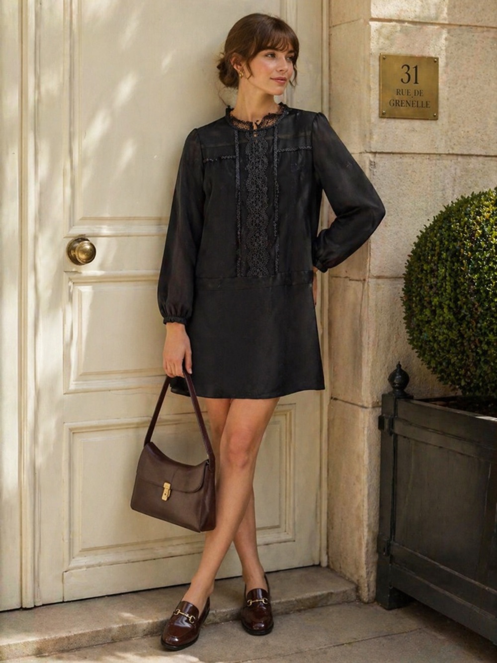 English Factory Black Mini Dress Lace Detail Long Sleeve Romantic Parisian Chic